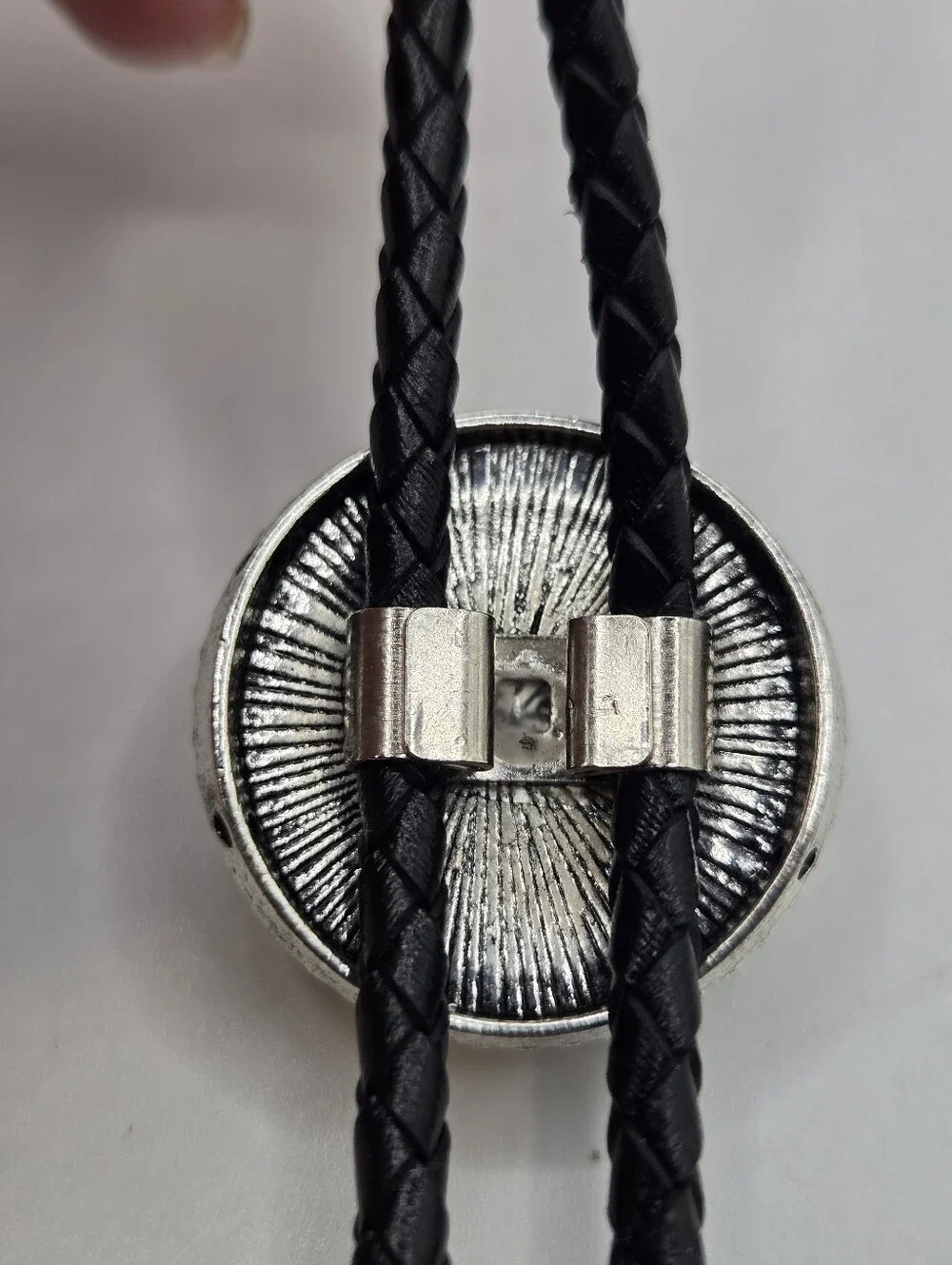 Silver Western Bolo Tie Avon Cuckoo Clock Medallion Leather Braid 70s Eclectic